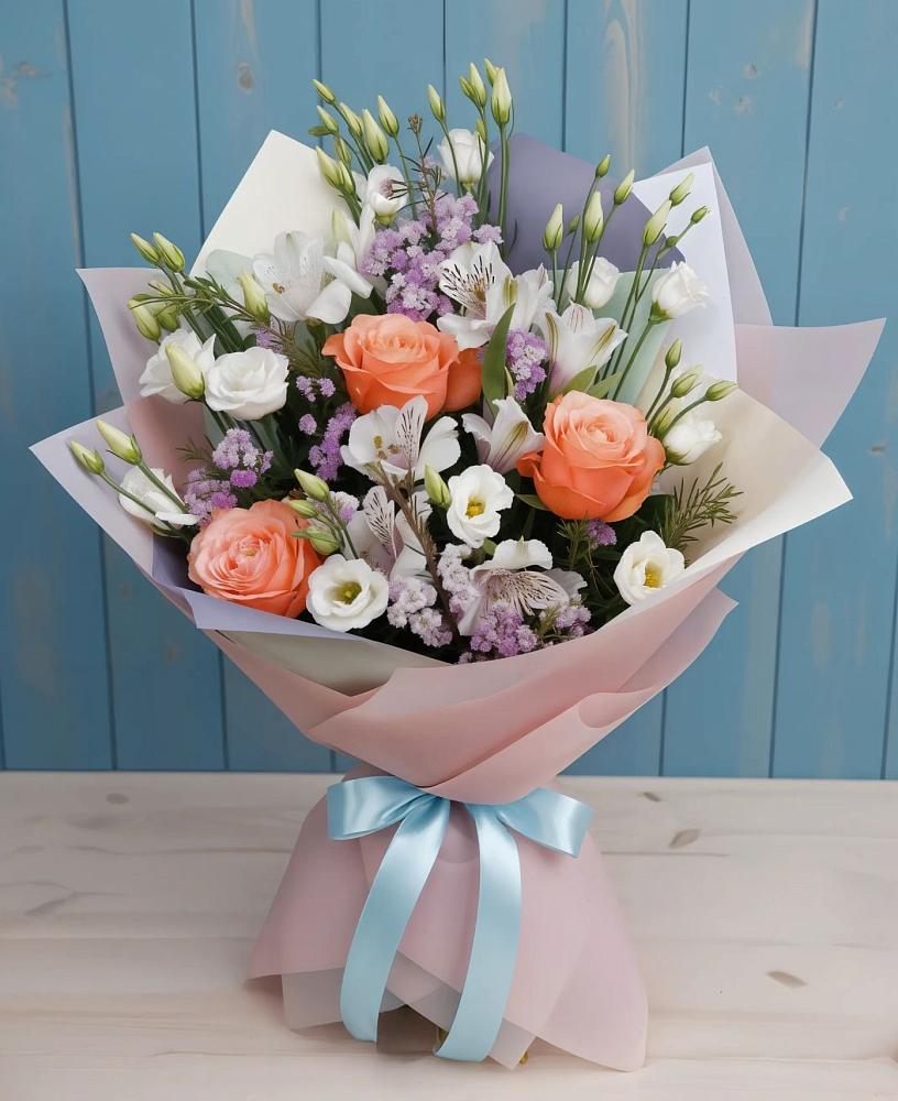 Букет цветов из: Лизиантусы, Розы, Альстромерии и Гипсофила в Приозерском