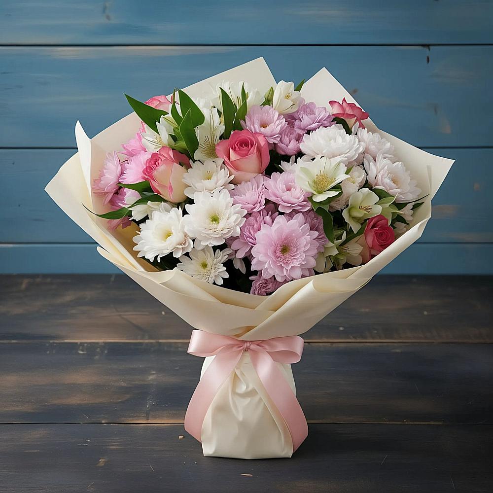 Букет цветов из: Хризантемы, Альстромерии и Розы в Приозерском